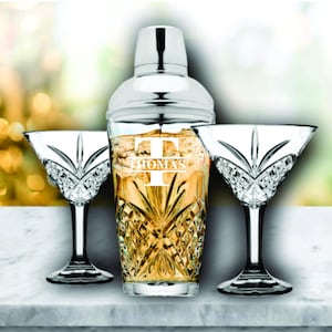 Crystal Cocktail Shaker Set, Diamond Cut Martini Glasses, Personalized Bar Gift