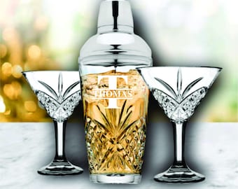 Crystal Cocktail Shaker Set, Diamond Cut Martini Glasses, Personalized Bar Gift