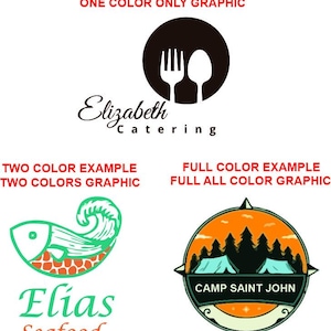 May include: Three graphic design examples: a black circular icon with a fork and spoon above the text Elizabeth Catering, a green and orange fish logo with the text Elias Seafood, and a circular orange and black Camp Saint John badge.