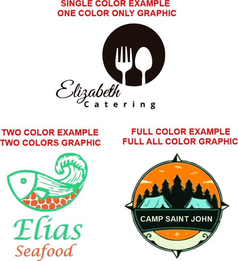 May include: Three graphic design examples: a black circular icon with a fork and spoon above the text Elizabeth Catering, a green and orange fish logo with the text Elias Seafood, and a circular orange and black Camp Saint John badge.