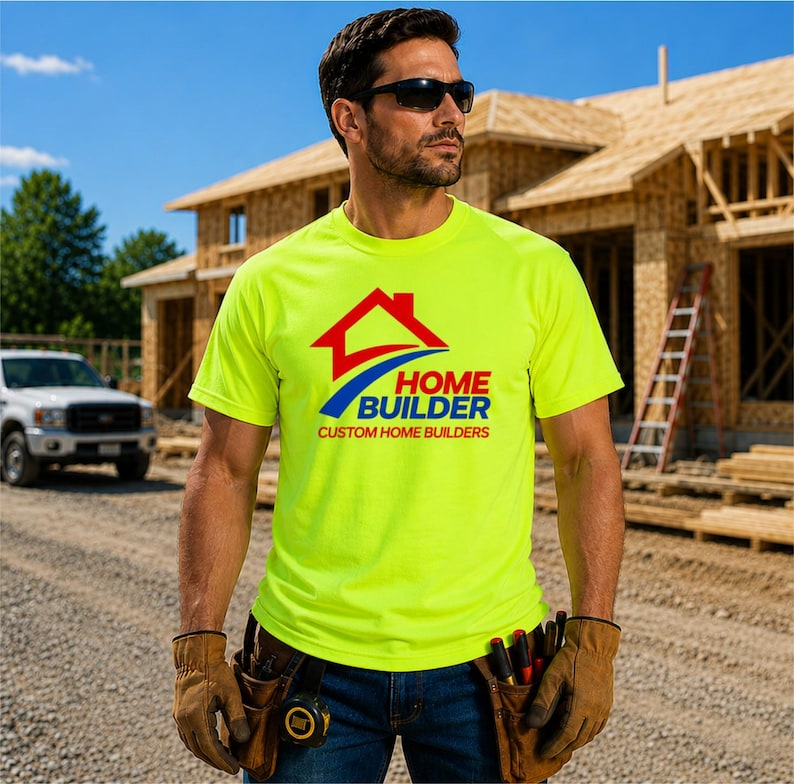May include: A neon yellow short-sleeve t-shirt featuring a red and blue graphic logo on the chest. The logo depicts a house outline above the text "HOME BUILDER" in blue and "CUSTOM HOME BUILDERS" in red. The shirt is worn with tan work gloves.