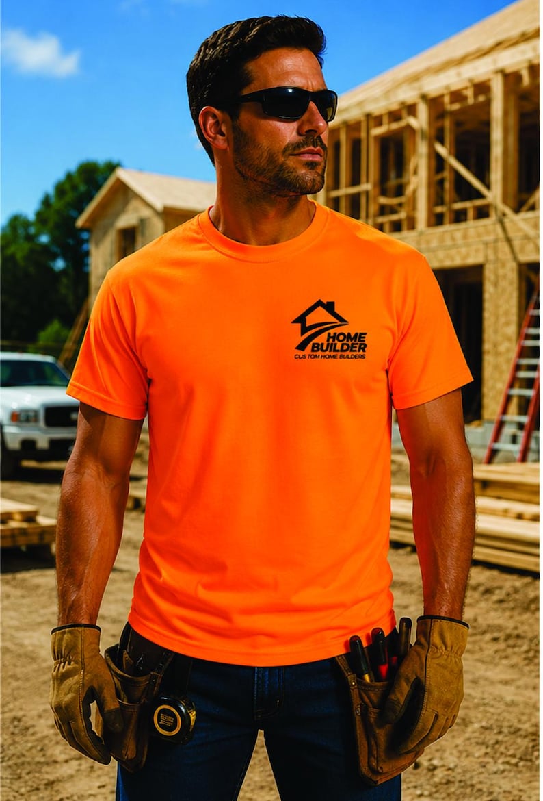 May include: A bright neon orange short-sleeved t-shirt featuring a black graphic logo on the left chest that reads Home Builder Custom Home Builders with a house icon. The shirt is worn with dark blue jeans and a brown leather tool belt.
