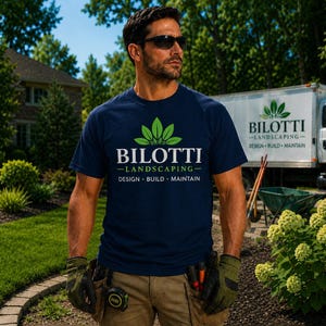 May include: A navy blue short-sleeved t-shirt featuring a green leaf graphic and white text that reads BILOTTI LANDSCAPING DESIGN BUILD MAINTAIN. The shirt is worn with tan work pants, dark work gloves, and a black tape measure on the belt.