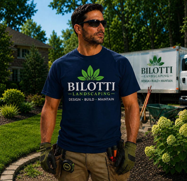May include: A navy blue short-sleeved t-shirt featuring a green leaf graphic and white text that reads BILOTTI LANDSCAPING DESIGN BUILD MAINTAIN. The shirt is worn with tan work pants, dark work gloves, and a black tape measure on the belt.