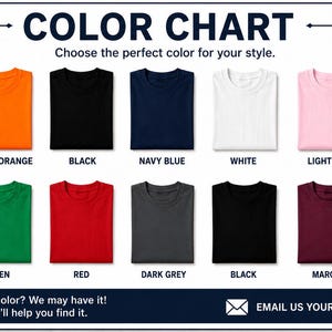 May include: A color chart displaying fourteen folded t-shirts in various shades including safety green, safety orange, black, navy blue, white, light pink, light blue, light grey, green, red, dark grey, maroon, and light brown with text labels.