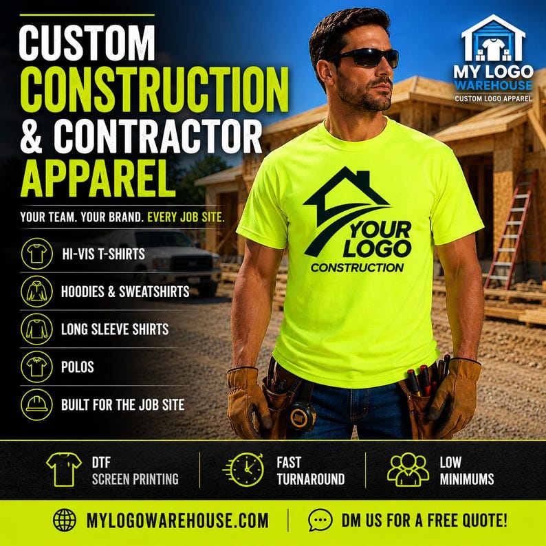 May include: A neon yellow short-sleeved t-shirt featuring a black house-shaped logo with the text YOUR LOGO CONSTRUCTION. The shirt is worn with blue jeans and brown work gloves. The background displays construction site text and graphics.