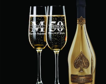 50th Birthday Champagne Flute Favors, Personalized Engraved Glasses, Set of 12