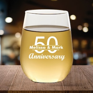 Personalized 50th Anniversary Stemless Wine Glass Favors, Engraved Party Gifts (Set of 12)