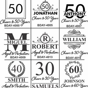 Puede incluir: Un gr&aacute;fico con nueve dise&ntilde;os diferentes para regalos personalizados. Cada dise&ntilde;o incluye un n&uacute;mero, un nombre y una frase como "Cheers to 50 Years" o "Aged to Perfection". Los dise&ntilde;os est&aacute;n en blanco y negro.