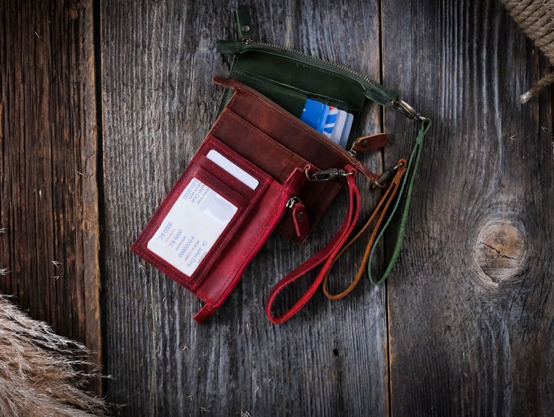 Small Wristlet Wallet with ID Badge Holder, Personalized Leather Clutch Wallet with Zipper Pocket, Christmas Gift for Her, Gift for Mom image 8