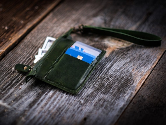 Leather Wristlet Card Holder Wallet with ID Holder, Personalized Leather Clutch Wallet with Zipper Pocket, Gift for Her, Mother's Day Gift