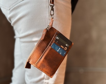 Small Wristlet Wallet with ID Badge Holder, Personalized Leather Clutch Wallet with Zipper Pocket, Christmas Gift for Her, Gift for Mom