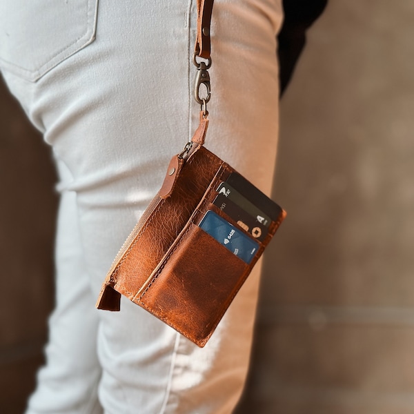 Small Wristlet Wallet with ID Badge Holder, Personalized Leather Clutch Wallet with Zipper Pocket, Small Purse Women, Valentine Gift for Her