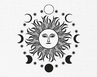 Celestial Sun Embroidery Design Mystical Sun Embroidery Design Silhouette Embroidery Design Machine Embroidery 5 Sizes Digital Download