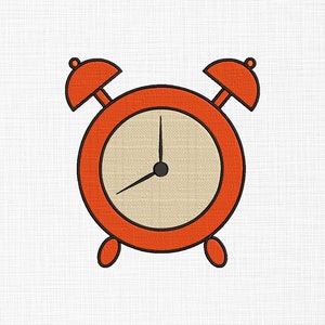 May include: A red alarm clock with black hands and a white face. The clock has a simple design with two bells on top.