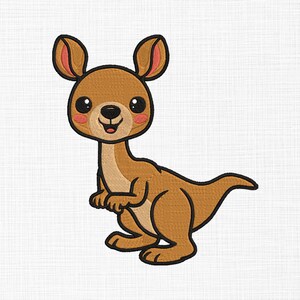 May include: A cartoon illustration of a brown kangaroo with large, black eyes and a big smile. The kangaroo has pink ears and a long, brown tail.
