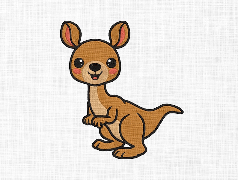 May include: A cartoon illustration of a brown kangaroo with large, black eyes and a big smile. The kangaroo has pink ears and a long, brown tail.
