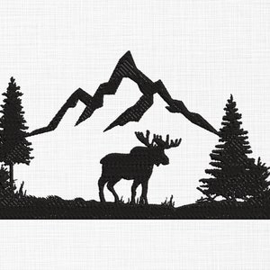 Moose in Mountains Silhouette Embroidery Design Moose Embroidery Design Silhouette Embroidery Design Machine Embroidery 5 Sizes Download