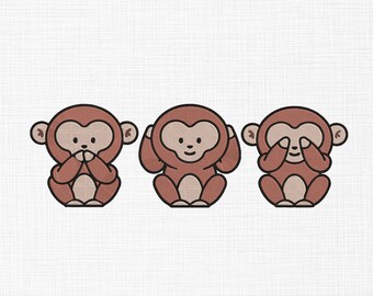 Cute Baby Monkey's Embroidery Design Wise Monkey Bundle Embroidery Design Cute Monkey Embroidery Machine Embroidery 5 Sizes Digital Download