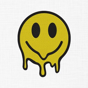 May include: Yellow smiley face with a black outline and dripping effect. The design features two black eyes and a curved smile, with the bottom of the face appearing to melt. The background is white.