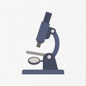May include: A blue microscope with a silver stage and a round lens. The microscope is on a white background.