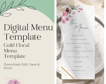 Digital Menu Download Gold Floral Theme Wedding Menu Template