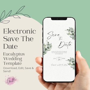 Electronic Wedding Save the Date Invitation Download Eucalyptus Theme Wedding Save the Date Invite Template