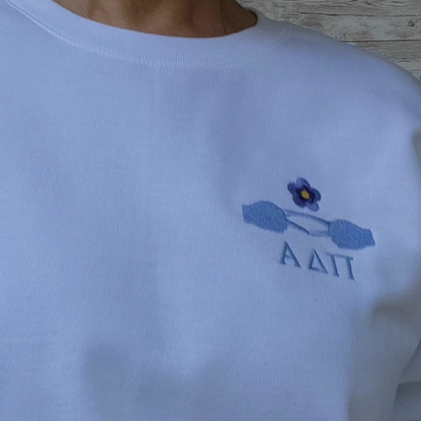 Symbolic Alpha Delta Pi Embroidered Sweatshirt-Diamond Hands, Violet, Alphie  the Lion.