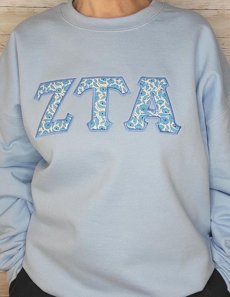 May include: A light blue sweatshirt with the letters "ZTA" embroidered in a white and blue floral pattern.
