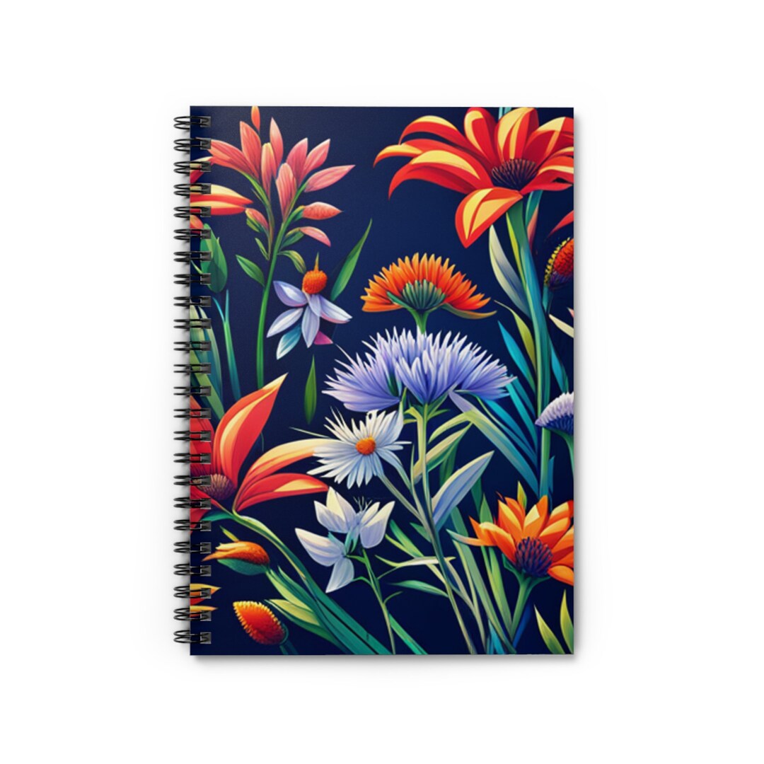 Spiral Notebook Ruled Line Bright Wild Flowers With a Black Background ...