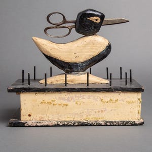 Primitive carved wooden sewing box