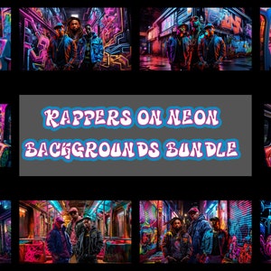 May include: A digital art bundle featuring multiple images of rappers in a neon-lit subway setting. The images showcase vibrant colours, graffiti art, and a dynamic urban aesthetic. Text on the image reads "Rappers on Neon Backgrounds Bundle."