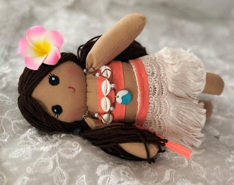 Handmade Hawaiian Rag Doll, Cotton, Lace & Seashells, 11 Inch