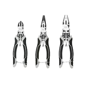 May include: Three black and silver multi-purpose pliers with wire cutters, a crimper, and a wire stripper.
