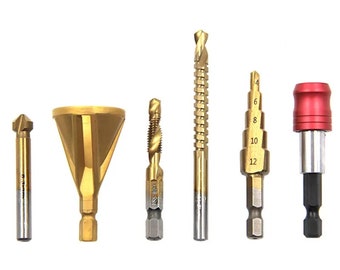 Drilling Chamfering 6pc | Serrated Woodworking | Quick Release Extension Rod Set | Transparent Plastic Box