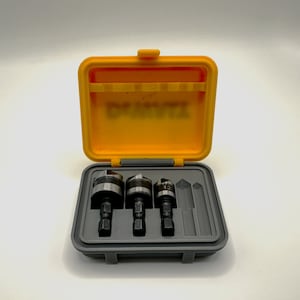 May include: A yellow and gray plastic case with a set of four drill bits. The case has a label that says "DEWALT".