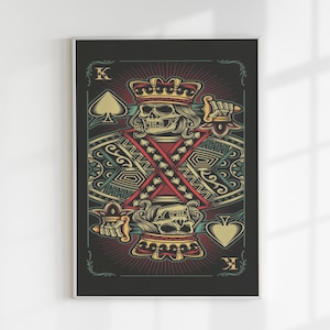 Lienzo del rey de picas, lienzo de arte esquelético, lienzo de calavera, rey del cráneo, arte de pared, cartel del rey de picas, tarjeta vintage, arte de naipes