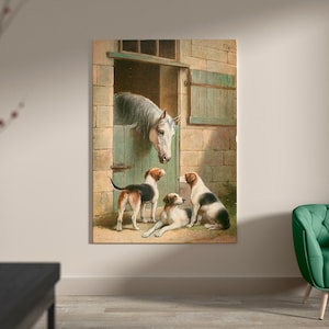 Dogs and Horse at Stable Canvas, Framed Oil Painting, Reproduction Print on Canvas, Animal Canvas Print, Surreal Art Print, Horse painting