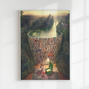 Pintura de lienzo de biblioteca surrealista, impresión de lienzo, arte de pared de lienzo de libros de arte, arte de pared de lienzo de biblioteca, póster de biblioteca, decoración abstracta de río de libro