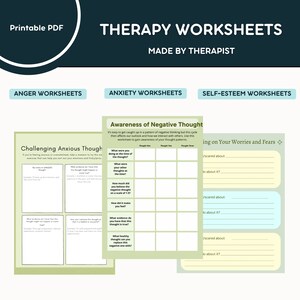 Könnte beinhalten: Ein Set aus druckbaren Therapie-Arbeitsblättern mit Abschnitten zu Wut, Angst und Selbstwertgefühl. Die Dokumente enthalten Tabellen und Aufforderungen mit den Titeln Challenging Anxious Thoughts, Awareness of Negative Thought und Working on Your Worries and Fears.