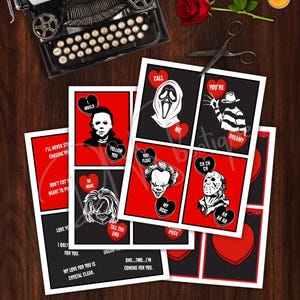 May include: A selection of Valentine's Day cards with a horror theme, showcasing characters from films such as Michael Myers, Ghostface, and Freddy Krueger. The cards have a red and black colour scheme with phrases like "Follow You" and "You're Dreamy."