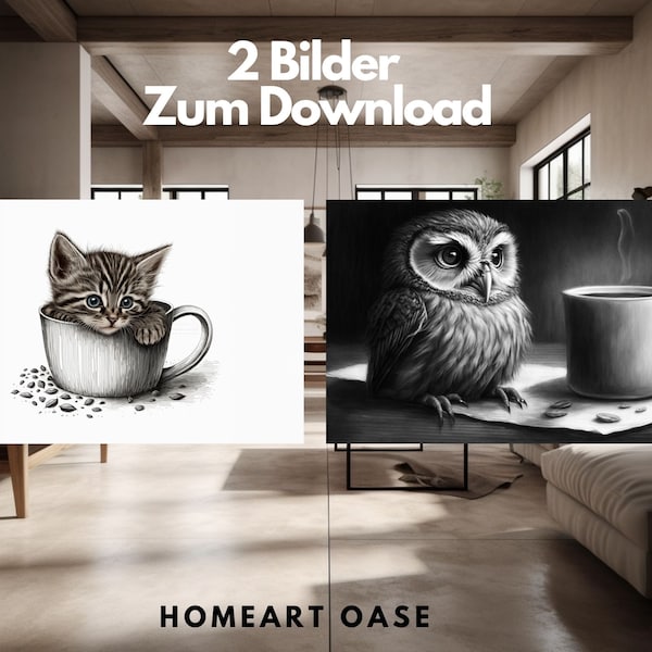 2 Bilder Download Katze Eule Kuscheliger Kaffeezauber: Bezaubernde Tierportraits für Heim- und Kaffeeliebhaber