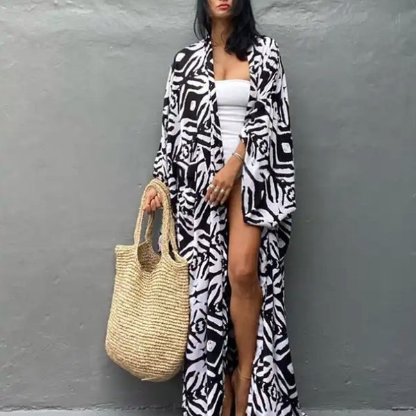 Women's Printed Long Sleeve Kaftan | Beach Bikini Coverup Maxi Dress | Flowy Kimono Cardigan Beachwear | Stylish Bohemian Dress wear