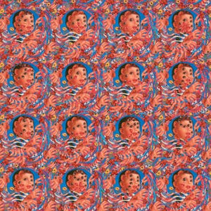 May include: A repeating pattern featuring multiple portraits of a baby with multiple eyes. The baby is surrounded by a blue circle and red and orange floral elements. The baby is wearing a striped shirt.