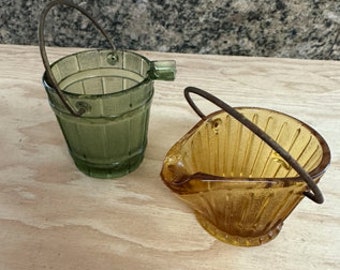 1970's Bucket & Pail avocado and amber glass ashtray set