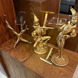 Rare Vintage set of Hollywood Regency Gold-leaf Polyresin Jeweled Pixy Elf Nymphs by Angelo Puddu, with Gnarled Tree