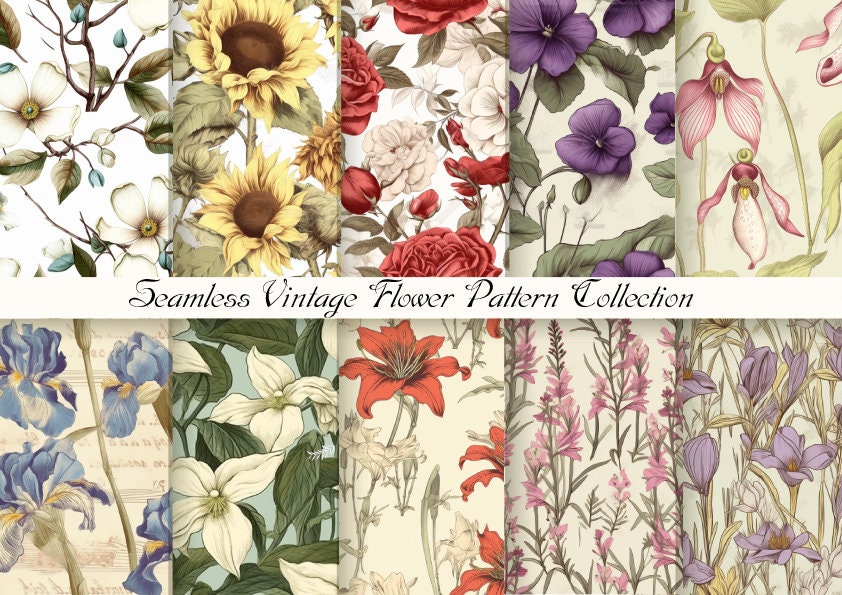 Vintage Flower Bundle | Option 1 | Digital Pattern | 10 Seamless ...