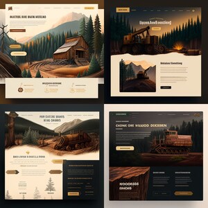 Puede incluir: Cuatro páginas web con ilustraciones de equipos de tala en un entorno forestal. Las páginas presentan una excavadora grande, una excavadora pequeña, un tren de tala y un camión de tala. Las páginas están diseñadas en un estilo vintage con colores marrones y dorados.