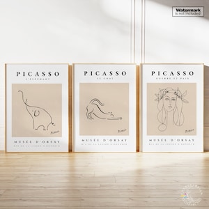 Picasso Prints Set Of 3, Picasso Animals Prints, Picasso Line Drawings, Minimalist Wall Decor, Gallery Wall Art, Picasso Exhibition Poster