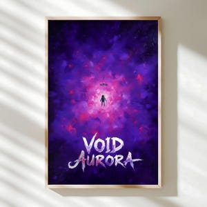 May include: A framed art print featuring a surreal space scene. A lone astronaut floats in a vibrant purple and pink nebula. The words "Void Aurora" are written in white script at the bottom of the print. The frame is a light brown color.